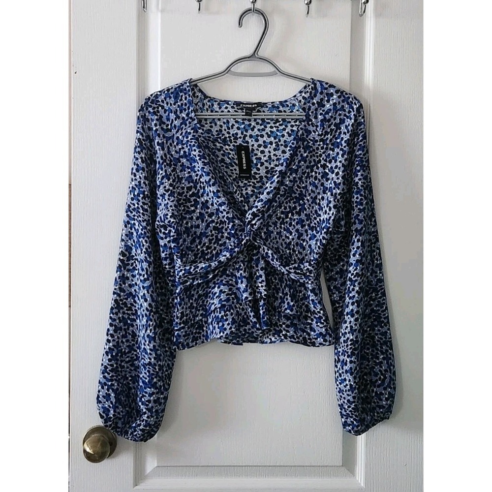 Express Women's Leopard Print Balloon Sleeves Twist Front Tiered Peplum Blouse S